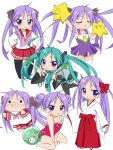  bad_id blush casual_one-piece_swimsuit cheerleader cosplay hair_ribbon hatsune_miku hatsune_miku_(cosplay) hiiragi_kagami japanese_clothes kagamin_boo long_hair lucky_star miko nakki nyamou one-piece_swimsuit pom_poms purple_eyes purple_hair ribbon school_uniform serafuku swimsuit thigh-highs thighhighs tsurime twintails violet_eyes vocaloid zettai_ryouiki 