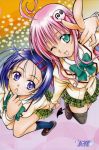  2girls blue_hair blush green_eyes lala_satalin_deviluke peke pink_hair purple_eyes ribbon sairenji_haruna school_uniform skirt socks tail thighhighs to_love-ru toloveru violet_eyes wink yabuki_kentaro 