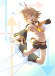  armpits blonde_hair colored_eyelashes directional_arrow hair_ornament hair_ribbon hairclip headphones headset jumping kagamine_rin midriff nail_polish navel outstretched_arms ria ribbon short_hair shorts smile solo spread_arms vocaloid wink 