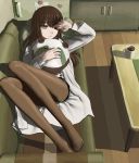  brown_hair coffee couch cup feet hands labcoat legs legwear_under_shorts long_hair lying makise_kurisu mocha morning mug on_back pantyhose pillow pillow_hug ringed_eyes shorts sleepy solo steins;gate wince 