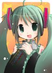  1girl blush green_eyes green_hair hatsune_miku long_hair looking_at_viewer open_mouth shichinose smile solo twintails vocaloid 
