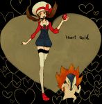  brown_eyes brown_hair cabbie_hat cyndaquil hat hat_ribbon holding holding_poke_ball kotone_(pokemon) l_hakase nintendo overalls poke_ball pokemon pokemon_(game) pokemon_gsc pokemon_heartgold_and_soulsilver red_ribbon ribbon short_twintails smile thigh-highs thighhighs twintails white_legwear white_thighhighs 