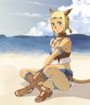  animal_ears beach blonde_hair blue_eyes blush boots cat_ears cat_tail clouds epistle final_fantasy final_fantasy_xi mithra necklace short_hair sitting sky water 