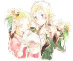  1girl axis_powers_hetalia bad_id blonde_hair blue_eyes blush bouquet brother_and_sister closed_eyes couple dress flower hair_flower hair_ornament hands hat jacket liechtenstein_(hetalia) military military_uniform nicolat short_hair siblings sketch smile sunflower switzerland_(hetalia) uniform 