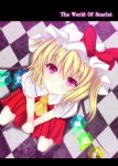  :o bow checkered flandre_scarlet from_above hat kiyomin looking_up purple_eyes solo touhou violet_eyes wings 