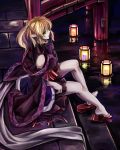  bare_shoulders blonde_hair feet fullerene fullerene_(pixiv) geta green_eyes highres mizuhashi_parsee open_clothes pointy_ears sandals short_hair sleeveless solo touhou 