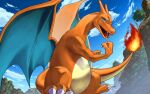  charizard claws clouds commentary_request day fangs fire flame from_below green_eyes no_humans open_mouth outdoors pokemon pokemon_(creature) sky solo superciderx tongue tree 
