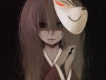  black_eyes creepy fox_mask hatsune_miku heterochromia hotarugaike japanese_clothes long_hair mask musunde_hiraite_rasetsu_to_mukuro_(vocaloid) smile vocaloid 