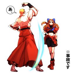  1girl a bike_shorts blonde_hair capcom dougi drill_hair fatal_fury fingerless_gloves geese_howard gloves hakama hand_on_hip itkz itkz_(pixiv) japanese_clothes kanzuki_karin long_hair m.u.g.e.n panties panties_over_bike_shorts pantyshot school_uniform serafuku short_hair skirt skirt_lift snk street_fighter underwear 