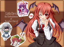  blush chibi fang formal head_wings heart hiiragi_tomoka hong_meiling izayoi_sakuya koakuma long_hair necktie patchouli_knowledge red_hair touhou wings wink 