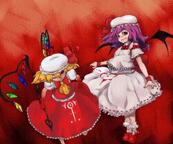  bat_wings blood fangs fgz flandre_scarlet hat laevatein multiple_girls red_eyes remilia_scarlet siblings sisters touhou wings wink 