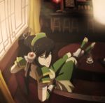  armor avatar:_the_last_airbender avatar_the_last_airbender barefoot black_hair blind feet grey_eyes hair_bun hair_ornament jewelry looking_back nickelodeon pokefreak tea toeless_socks toph_bei_fong 