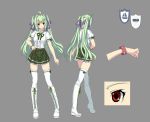  boots character_sheet green_dam green_hair hair_ribbon legs long_hair os personification red_eyes ribbon ryuuzaki_itsu skirt solo thigh-highs thighhighs turnaround twintails wristband zettai_ryouiki 