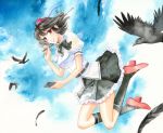  bad_id bird black_hair crow geta hat red_eyes shameimaru_aya short_hair solo tengu-geta tokin_hat touhou traditional_media watercolor_(medium) 