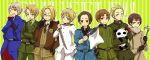  8boys america_(hetalia) america_(hetalia)_(cosplay) axis_powers_hetalia belt black_hair blonde_hair blue_eyes blush brown_eyes brown_hair china_(hetalia) china_(hetalia)_(cosplay) cosplay costume_switch eyebrows facial_hair flag flower france_(hetalia) france_(hetalia)_(cosplay) germany_(hetalia) germany_(hetalia)_(cosplay) green_eyes japan_(hetalia) japan_(hetalia)_(cosplay) lead_pipe male military military_uniform necktie northern_italy_(hetalia) northern_italy_(hetalia)_(cosplay) panda pipe pocket pockets ponytail purple_eyes rose russia_(hetalia) russia_(hetalia)_(cosplay) scarf stubble stuffed_animal stuffed_toy sword tears thick_eyebrows uniform united_kingdom_(hetalia) violet_eyes weapon wink winking 