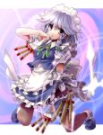  hair_ribbon izayoi_sakuya katahira_masashi knife maid maid_headdress pantyhose pocket_watch purple_eyes ribbon short_hair silver_hair touhou twin_braids watch 