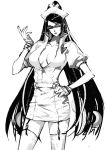  bayonetta bayonetta_(character) beauty_mark black_hair buchinekojapan glasses hands_on_hips long_hair mole monochrome nurse nurse_cap nurse_uniform thigh-highs uniform very_long_hair wink 