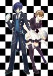  brown_hair checkered checkered_background colored female_protagonist_(persona_3) formal glasses highres magi12 maid persona persona_3 persona_3_portable short_hair skirt smile suit thigh-highs thighhighs 