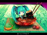  blue_eyes bowl cherry chibi chopsticks food green_hair hatsune_miku headphones smile sushi vocaloid wasabi 