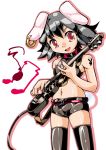  belt black_hair bunny_ears earrings guitar inaba_tewi instrument jewelry midriff navel rabbit_ears red_eyes short_hair short_shorts shorts sukiyo tail thigh-highs thighhighs touhou 
