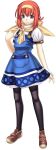  blue_eyes commentary cross_edge dress hairband headband highres meu official_art pantyhose red_hair redhead scarf shoes short_hair simple_background skirt smile solo spectral_souls 
