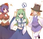  absurdres animal_ears bad_id bare_shoulders blonde_hair cat_ears detached_sleeves fang frog green_eyes green_hair hair_ornament hair_ribbon hat highres kochiya_sanae leaf leaves long_skirt maple_leaf moriya_suwako multiple_girls purple_hair pyonta red_eyes ribbon simple_background skirt snake spoken_sweatdrop sweatdrop thigh-highs thighhighs touhou white_background yasaka_kanako yuzuha_(artist) 