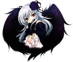  black_wings gloves gothic_lolita lolita_fashion mizunomoto red_eyes rozen_maiden suigintou white_hair wings 