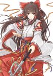  1girl bow brown_hair cibo_(killy) detached_sleeves hair_bow hair_tubes hakurei_reimu hand_on_hilt japanese_clothes katana long_hair long_sleeves looking_at_viewer miko polearm red_eyes ribbon sash shirt simple_background skirt smile solo sword touhou very_long_hair weapon white_background 