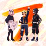  1girl 2boys black_eyes black_hair blonde_hair closed_eyes forehead_protector goggles green_eyes haruno_sakura hatake_kakashi hatake_kakashi_(cosplay) meiko_(puua) multiple_boys naruto nohara_rin nohara_rin_(cosplay) open_mouth pink_hair short_hair smile spiky_hair uchiha_obito uchiha_obito_(cosplay) uchiha_sasuke uzumaki_naruto 