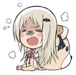  1girl animal_costume blonde_hair blush_stickers cape chibi closed_eyes dog_costume exhausted fang jewelry little_busters!! long_hair lou_(artist) mascot_head necklace noumi_kudryavka 