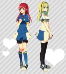  2girls adapted_uniform bike_shorts blonde_hair blue_eyes breasts crown hairband heart inazuma_eleven inazuma_eleven_(series) inazuma_japan long_hair mayo. multiple_girls nakame_shiori open_mouth otomeno_supika redhead skirt soccer_uniform standing thighhighs zettai_ryouiki 