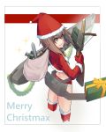  1girl absurdres airplane ammunition ass boat brown_eyes brown_hair from_behind highres kantai_collection looking_at_viewer looking_back open_mouth sack santa_costume sein_(tgf19911119) short_hair solo taihou_(kantai_collection) thighhighs weapon 