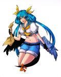 1girl alternate_costume asymmetrical_wings blue_hair crop_top dizzy feathered_wings fingerless_gloves gloves guilty_gear hair_rings long_hair midriff mr_(artist) navel red_eyes sailor_collar shorts solo tail tail_ribbon twintails wings