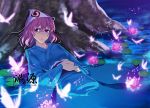  1girl butterfly din_(flypaper) flower japanese_clothes lily_pad looking_at_viewer lying on_back partially_submerged pink_hair saigyouji_yuyuko short_hair smile solo touhou tree triangular_hairpiece water 