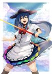  1girl blue_hair blue_sky boots clouds food fruit hat hinanawi_tenshi long_hair minamike1991 peach red_eyes sky smile solo sword_of_hisou touhou weapon 