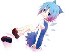  1girl blue_hair blush cirno ice ice_wings ichihina looking_back open_mouth sitting solo touhou wings 