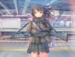  1girl blue_eyes brown_hair daito fn_fal gloves gun headphones headset jacket original pleated_skirt satchel scarf short_hair solo weapon 