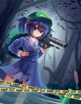  1girl blue_eyes blue_hair cattail caution_tape dress forest gun hair_bobbles hair_ornament hat kawashiro_nitori keep_out long_sleeves looking_at_viewer nature plant shirt short_hair short_twintails skirt skirt_set solo touhou tree twintails water weapon 