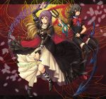  2girls black_boots black_hair boots brown_eyes brown_hair cape dress fingernails floral_background flower gradient_hair hijiri_byakuren hips holding_weapon houjuu_nue juliet_sleeves knee_boots large_breasts lips long_hair long_sleeves lotus mary_janes multicolored_hair multiple_girls natsume_k nose petals polearm puffy_sleeves purple_hair red_eyes red_shoes ribbon shoes short_dress short_hair short_sleeves snake sorcerer&#039;s_sutra_scroll thighhighs touhou trident turtleneck weapon white_dress wings wristband zettai_ryouiki 