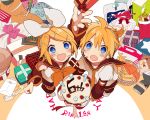  1boy 1girl 4_(nakajima4423) arm_warmers birthday blonde_hair blue_eyes blush brother_and_sister cake candle food from_above fruit gift hair_ornament hair_ribbon hairclip happy_birthday headset kagamine_len kagamine_rin leg_warmers looking_up necktie open_mouth ribbon sailor_collar short_hair shorts siblings smile strawberry twins vocaloid 