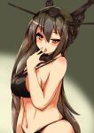  1girl bikini black_hair breasts kantai_collection licking long_hair nagato_(kantai_collection) noe_(mabue) personification red_eyes solo swimsuit tongue tongue_out 