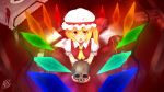  1girl absurdres blonde_hair blood blood_on_face flandre_scarlet hat highres hosoisen614 looking_at_viewer open_mouth red_eyes ribbon short_hair side_ponytail skeleton skull smile solo spill touhou wings 