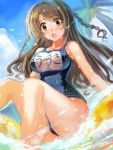  1girl :o bare_shoulders braid breasts brown_eyes brown_hair edobox idolmaster idolmaster_cinderella_girls long_hair looking_at_viewer open_mouth shimamura_uzuki solo swimsuit twin_braids 