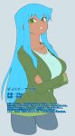  1girl aqua_hair breasts character_sheet cropped_legs crossed_arms dark_skin flat_color green_eyes grey_background highres hoodie large_breasts long_hair original space_jin translation_request 