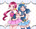  2girls ;d black_legwear blue_dress blue_eyes blue_hair bow color_connection cosplay crown cure_lovely cure_lovely_(cosplay) cure_princess cure_princess_(cosplay) dress hanasaki_tsubomi happinesscharge_precure! heartcatch_precure! kagami_chihiro kurumi_erika locked_arms long_hair mini_crown multiple_girls open_mouth pink_dress pink_eyes pink_hair precure ribbon skirt smile thighhighs twintails wink 