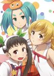  3girls aqua_hair backpack bag bare_shoulders black_hair blonde_hair blush_stickers dress fang green_eyes hachikuji_mayoi hairband hat long_hair monogatari_(series) multiple_girls murata_isshin ononoki_yotsugi oshino_shinobu overalls pointy_ears red_eyes ribbon skirt smile star twintails yellow_eyes 