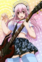  1girl absurdres guitar headphones highres instrument long_hair nitroplus nyantype official_art open_mouth pink_eyes pink_hair plectrum solo soniani super_sonico thighhighs zettai_ryouiki 