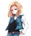  1girl android_18 aqua_eyes belt blonde_hair dragon_ball dragon_ball_z earrings jewelry looking_at_viewer short_hair smile solo suirerien vest white_background 