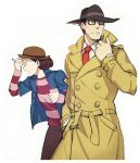  2boys black_eyes black_hair border bowler_hat curly_hair fedora glasses grey_background gyakuten_kenji gyakuten_kenji_2 gyakuten_saiban hand_in_pocket hand_on_another&#039;s_face hand_on_forehead hand_on_own_face hat jacket leaning leaning_forward long_sleeves male mitsurugi_shin multiple_boys necktie notepad open_mouth overcoat pencil profile reka shigaraki_tateyuki shirt simple_background spoilers striped striped_shirt teenage teeth younger 