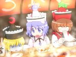  3girls =_= ^_^ blonde_hair blue_eyes blue_hair bottle bowl brown_hair chopsticks closed_eyes countertop crescent eating food food_in_mouth glass gloom_(expression) hat head_rest long_sleeves lunasa_prismriver lyrica_prismriver merlin_prismriver multiple_girls noodles open_mouth plate restaurant shirosato short_hair siblings sisters skewer star sun_(symbol) touhou 